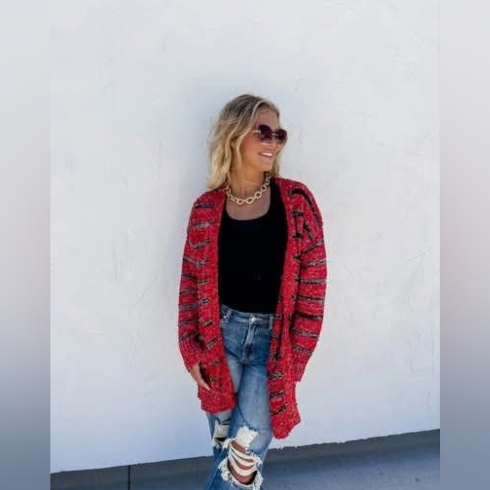 NEW WITH TAGS Misses One Size Fits 2-12 Red Confetti Cardigan With Black Stripes